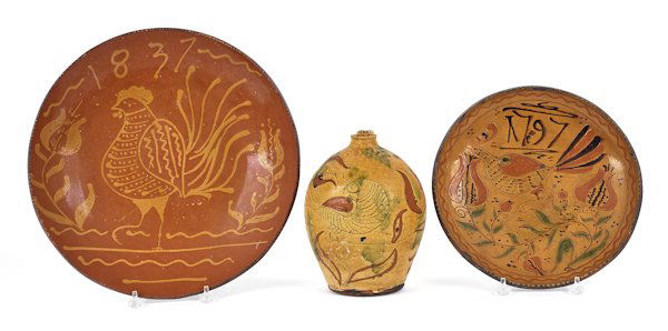 Three pieces of contemporary redware by Greg Shoo: Three pieces of contemporary redware by Greg Shooner, charger - 16 1/2'' dia.