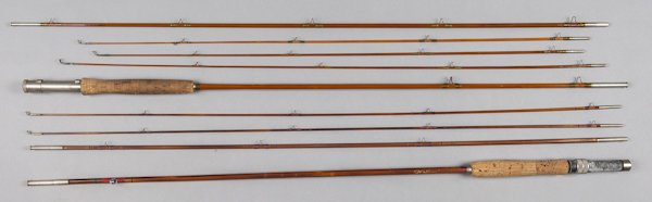 Wright & McGill three-piece split bamboo fly rod: Wright & McGill three-piece split bamboo fly rod with two extra tips, 8 1/2' l., together with a three-piece split bamboo fly rod, inscribed Walton, 8'9'' l.