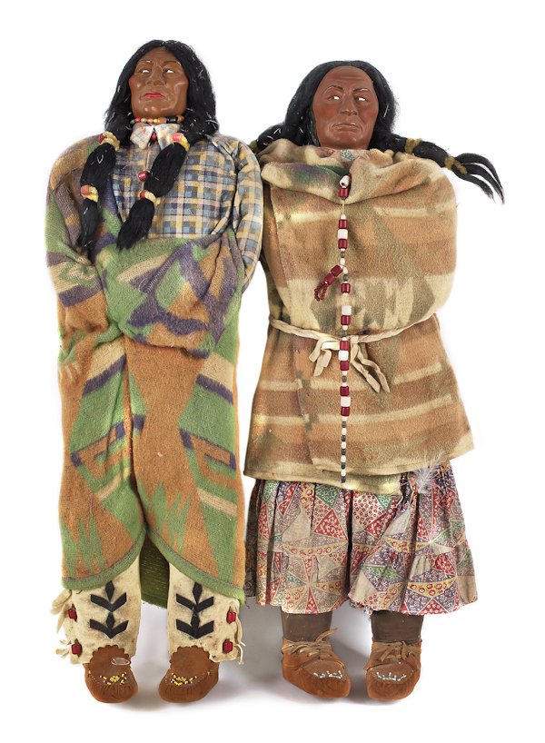 Two large Native American skookum display dolls,: Two large Native American skookum display dolls, early 20th c., 33 1/2'' h. and 35'' h.