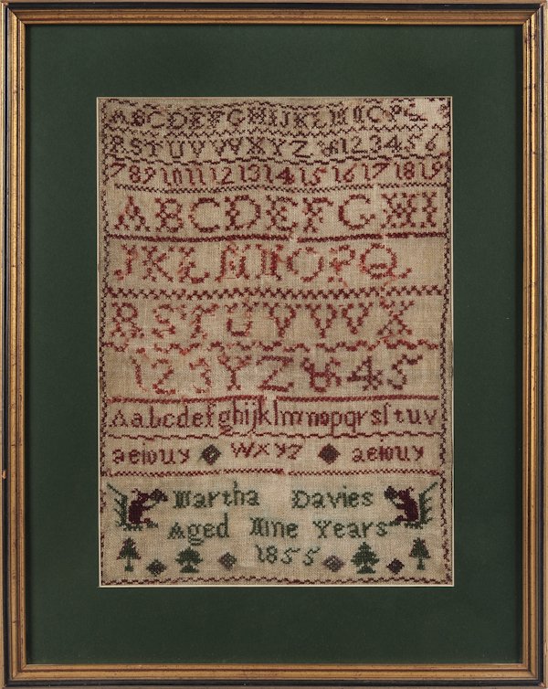 Two wool on linen needlework samplers, 19th c., 1: Two wool on linen needlework samplers, 19th c., 13'' x 10'' and 16'' x 11 1/2''.