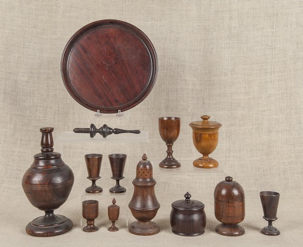 Collection of treenware, to include egg cups, can: Collection of treenware, to include egg cups, canisters, etc.