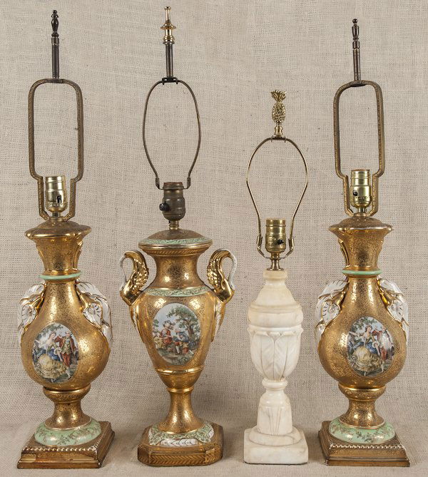 Two alabaster table lamps, together with three po: Two alabaster table lamps, together with three porcelain table lamps.