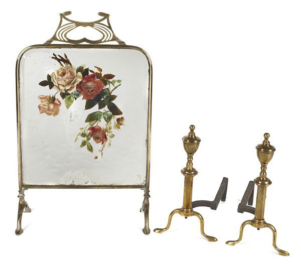 Pair of brass andirons, 20th c., together with a: Pair of brass andirons, 20th c., together with a brass and glass screen.