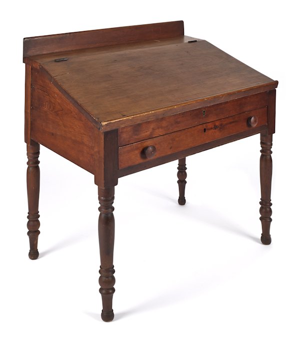 Pennsylvania Sheraton pine and poplar schoolmaste: Pennsylvania Sheraton pine and poplar schoolmaster's desk, ca. 1830, 37 3/4'' h., 34 1/2'' w.