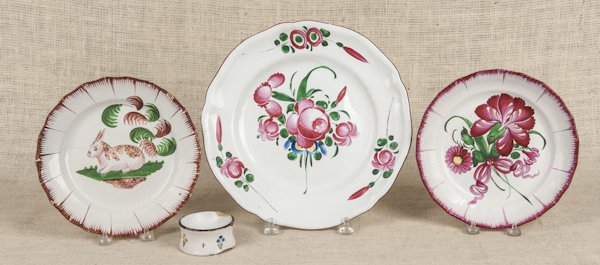 Three faience plates, together with a delft salt,: Three faience plates, together with a delft salt, largest - 12'' dia.