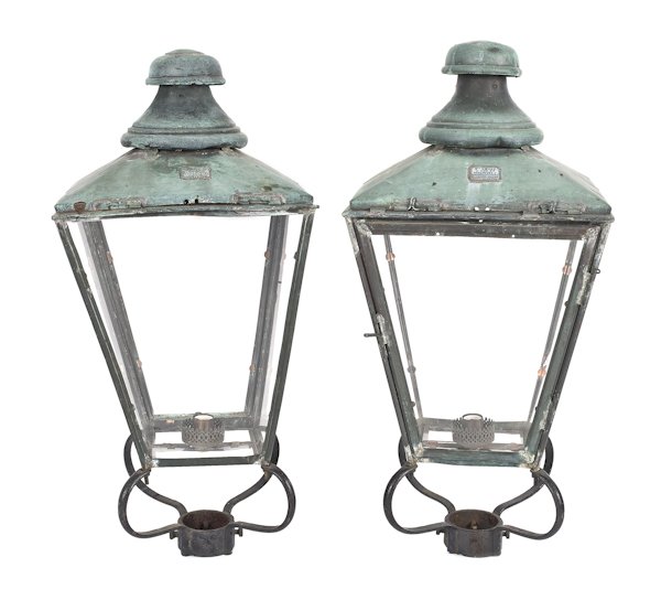 Pair of iron and copper street lamps by William: Pair of iron and copper street lamps by William Edgar & Son Glenheim, Hammersmith, 36 1/2'' h., 17'' w.