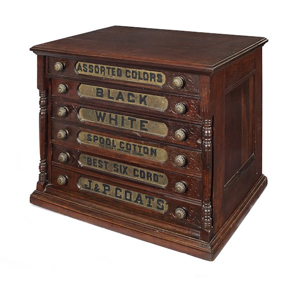 J & P Coats cherry spool cabinet, 22'' h., 26'' w.: J & P Coats cherry spool cabinet, 22'' h., 26'' w.