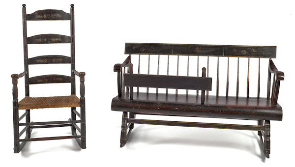 Painted mammy's bench, 19th c., 29 1/2'' h., 48'' w: Painted mammy's bench, 19th c., 29 1/2'' h., 48'' w., together with a ladderback rocker.
