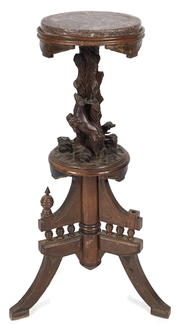 Victorian marble top stand with a hound and stag: Victorian marble top stand with a hound and stag carved standard, 36'' h.
