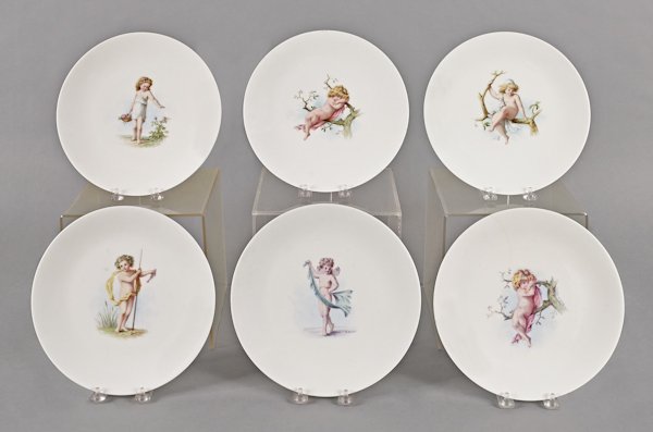 Set of six Minton plates, 19th c., with putti dec: Set of six Minton plates, 19th c., with putti decoration, 9 3/8'' dia.