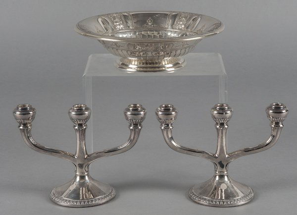 Gorham sterling silver Frontenac pattern bowl, 3'': Gorham sterling silver Frontenac pattern bowl, 3'' h., 10 1/2'' w., together with a pair of candelabra, 6 1/2'' h., approximately 43 ozt.