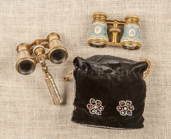 Two French opera glasses, 19th c., one Sevres, th: Two French opera glasses, 19th c., one Sevres, the other mother of pearl, together with a jeweled velvet bag.