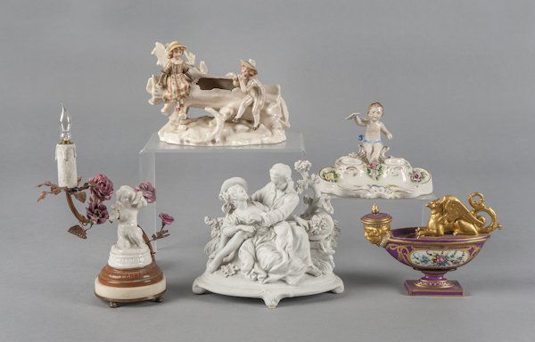 Miscellaneous porcelain, to include a Sevres inkw: Miscellaneous porcelain, to include a Sevres inkwell, a Dresden standish with a cherub, a Capo-di-Monte bedside lamp with a cherub, etc., tallest - 9 1/2''.