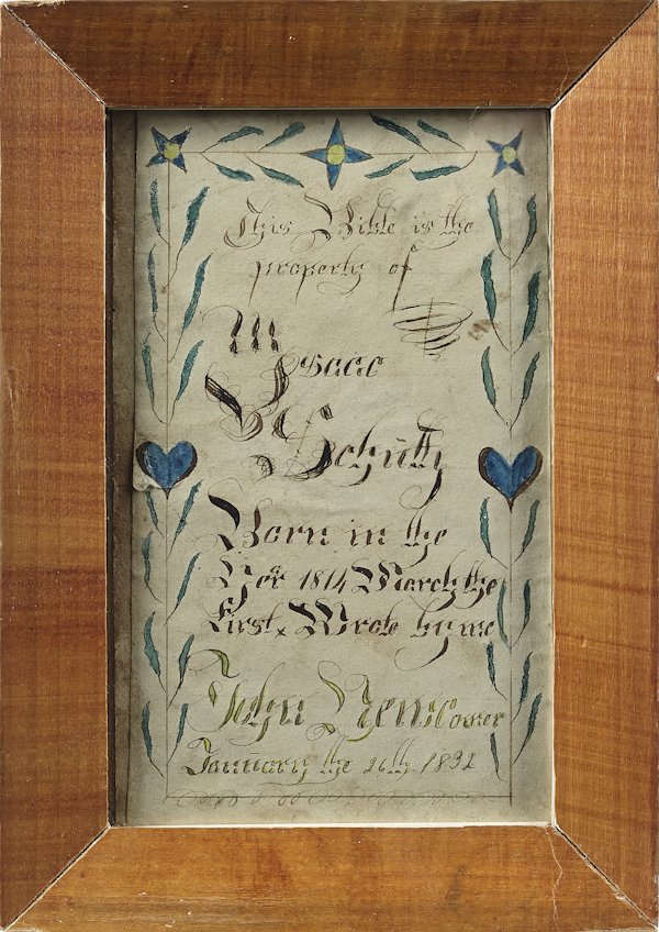 Pennsylvania ink and watercolor fraktur bookplate: Pennsylvania ink and watercolor fraktur bookplate, dated 1832 for Isaac Schultz, signed John Newcomer, 6 1/2'' x 4''.