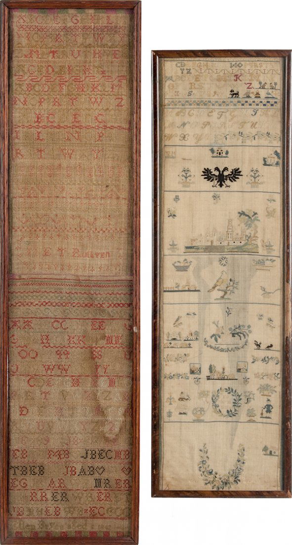 Two silk on linen band samplers, dated 1833 and: Two silk on linen band samplers, dated 1833 and 1842, 27 3/4'' x 8'' and 33 1/2'' x 8''.