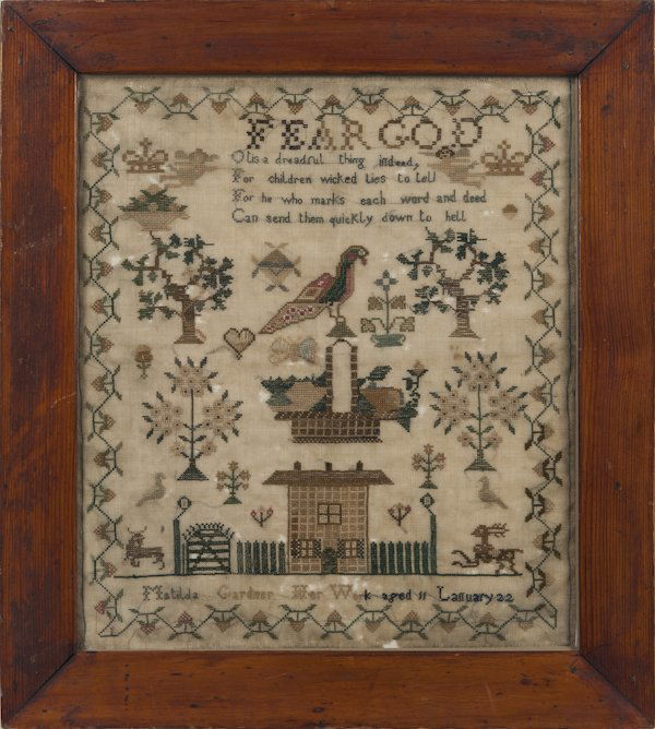 English silk on linen sampler, 19th c., wrought b: English silk on linen sampler, 19th c., wrought by Matilda Gardner, 14 3/4'' x 12 3/4''.