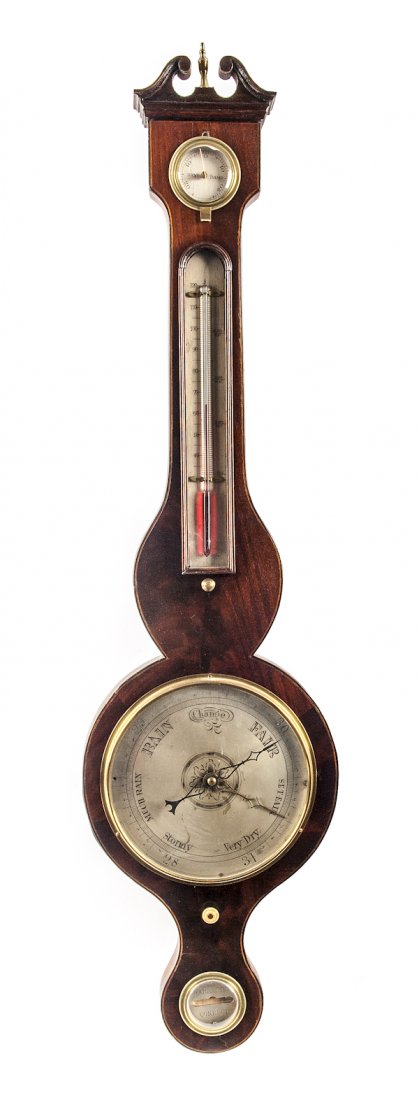 English mahogany banjo barometer, 19th c., 39'' h.: English mahogany banjo barometer, 19th c., 39'' h.