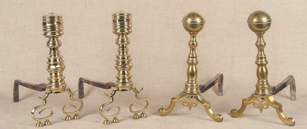 Two pair of Federal brass andirons, 19th c., 17 1: Two pair of Federal brass andirons, 19th c., 17 1/4'' h.