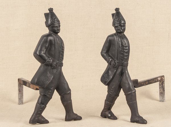 Pair of cast iron Hessian andirons, 19th c., 17 1: Pair of cast iron Hessian andirons, 19th c., 17 1/4'' h.