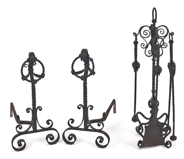 Wrought iron fireplace set, early 20th c., andiro: Wrought iron fireplace set, early 20th c., andirons - 24 1/4'' h.