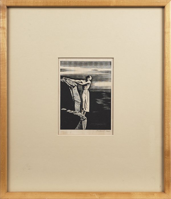 Rockwell Kent (American 1882-1971), wood block, t: Rockwell Kent (American 1882-1971), wood block, titled Girl on Cliff, signed lower right, 6 1/2'' x 4 3/4''.