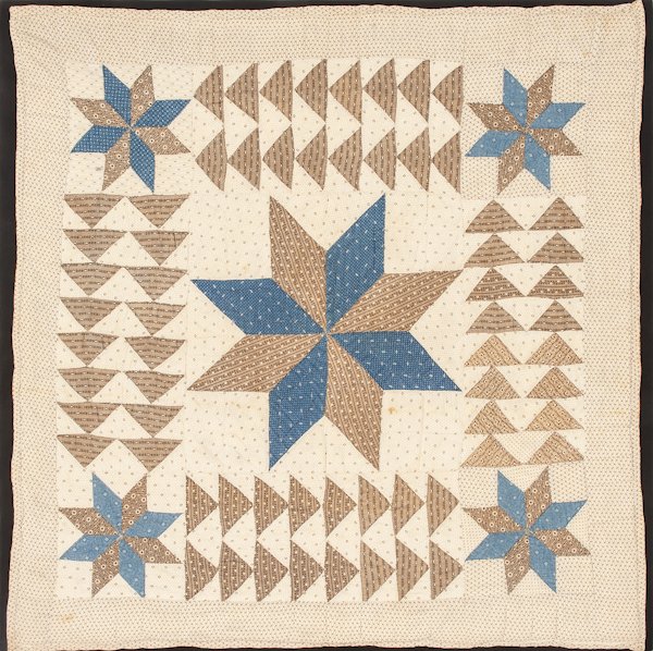 Pieced crib quilt, early 20th c., 37'' x 36'' (moun: Pieced crib quilt, early 20th c., 37'' x 36'' (mounted).
