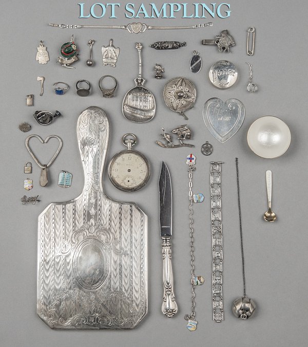 Miscellaneous group of sterling and silver mounte: Miscellaneous group of sterling and silver mounted tablewares, to include a set of six Danish silver and enamel salts.