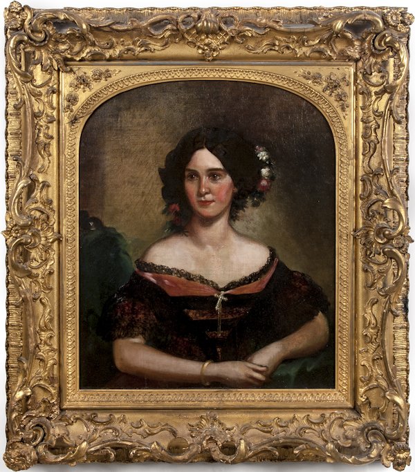 Oil on canvas portrait of Martha Eliza Stevens Ed: Oil on canvas portrait of Martha Eliza Stevens Edgar, mid 19th c., 30'' x 25''.