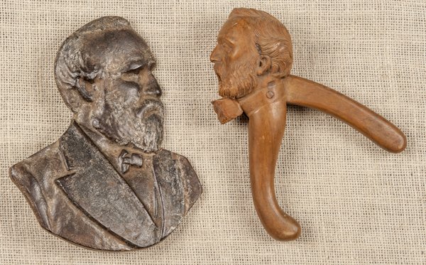 Political walking stick with a spelter grip of Wi: Political walking stick with a spelter grip of William McKinley, a cast iron plaque of president James Garfield, and a carved wood nut cracker of General Robert E. Lee, together with a bamboo fly rod,