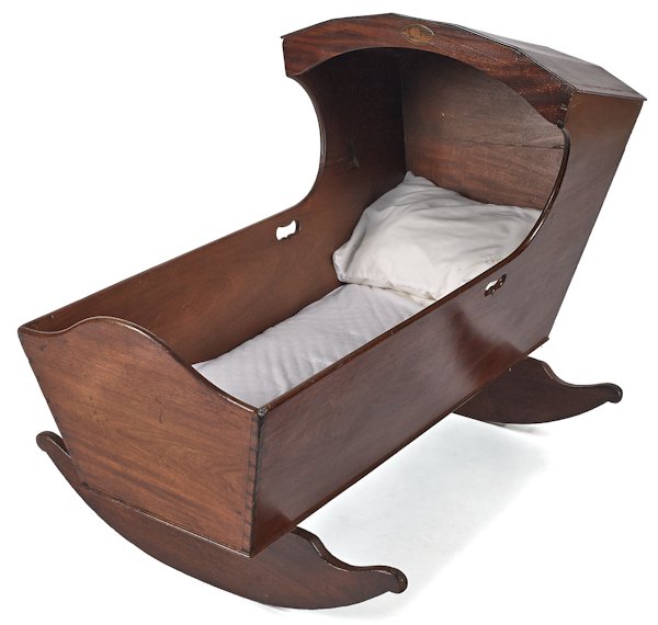 Federal mahogany cradle, early 19th c., with shel: Federal mahogany cradle, early 19th c., with shell inlay.