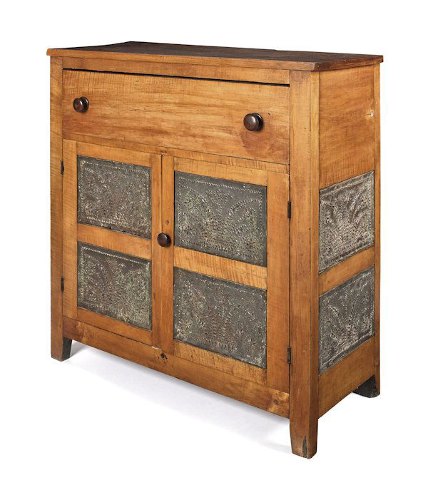 Figured maple and mixed woods pie safe, 19th c.,: Figured maple and mixed woods pie safe, 19th c., with punched tin panels, 43 1/2'' h., 40 1/4'' w. Provenance: Raccoon Creek Antiques.