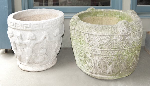 Two concrete planters, 16'' h., 18'' dia. and 16'' h: Two concrete planters, 16'' h., 18'' dia. and 16'' h., 22 1/2'' dia.