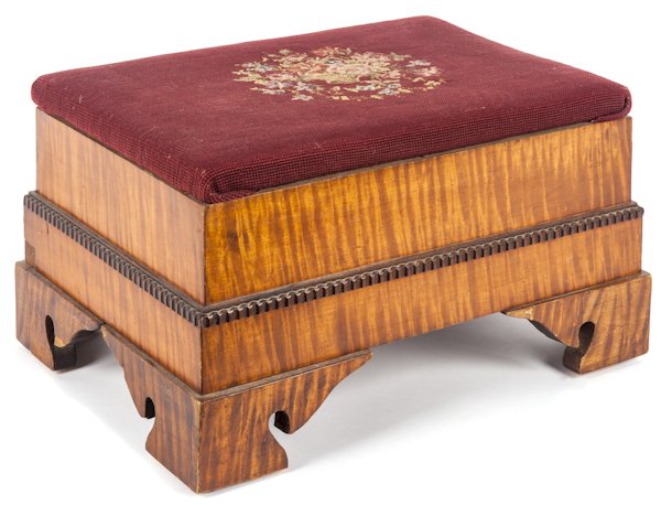 Tiger maple footstool, 19th c., 9 1/2'' h., 17 1/4: Tiger maple footstool, 19th c., 9 1/2'' h., 17 1/4'' w.