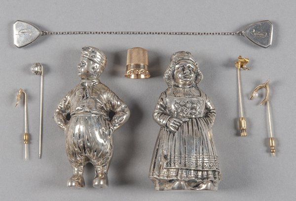 Pair of Dutch silver shakers, together with a 10K: Pair of Dutch silver shakers, together with a 10K gold thimble, etc.
