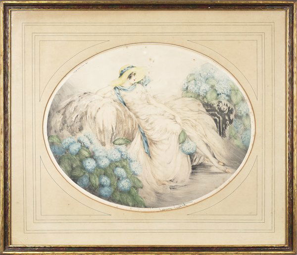 Two Louis Icart, pencil signed dry points, titled: Two Louis Icart, pencil signed dry points, titled Les Hortensias and Dame aux Camï¿½lias, both - 16'' x 20 1/4''.