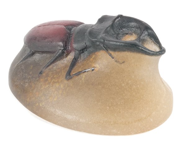 Almeric Walter pate-de-verre glass stag beetle on: Almeric Walter pate-de-verre glass stag beetle on a base, signed, 1 1/2'' h., 3 1/4'' w.