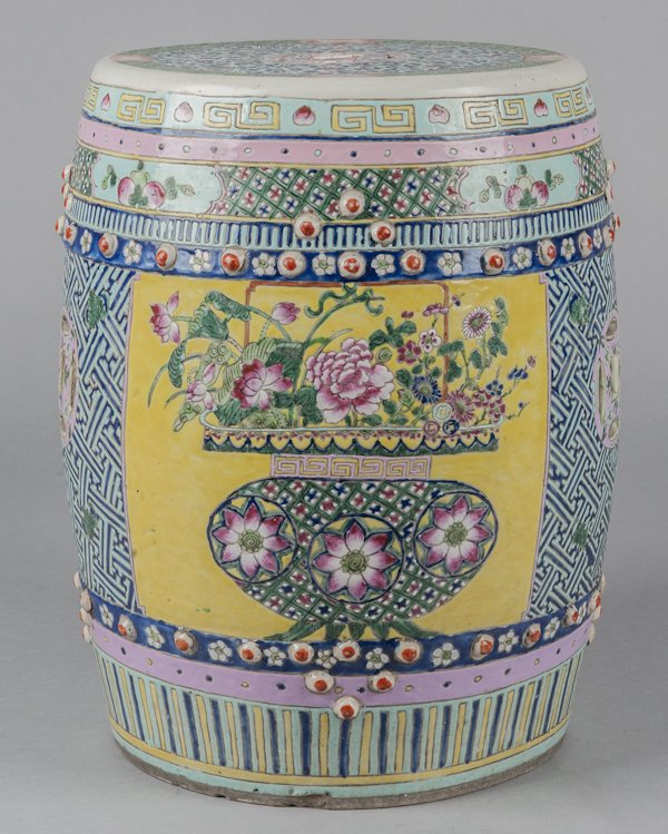 Chinese porcelain garden seat with a turquoise gr: Chinese porcelain garden seat with a turquoise ground, 17 1/2'' h.