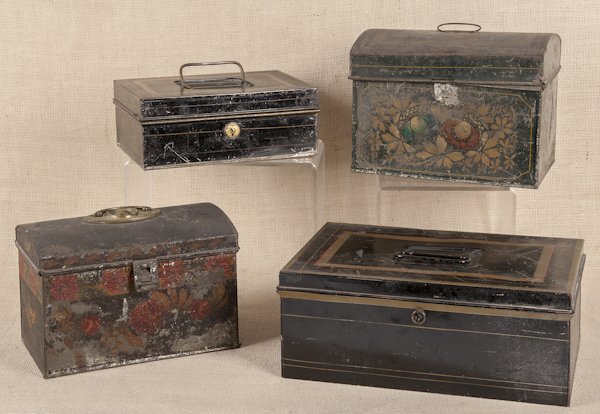 Four tole decorated boxes, 19th c.: Four tole decorated boxes, 19th c.