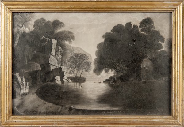 Two sandpaper drawings, 19th c., the larger inscr: Two sandpaper drawings, 19th c., the larger inscribed Enchanted Island Ellen Jones 1864, 13 1/4'' x 20 1/2'' and 9 1/2'' x 11 1/2''.