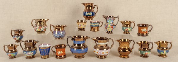 Eighteen pieces of lustre ware, 19th c., tallest: Eighteen pieces of lustre ware, 19th c., tallest - 6 1/2''.