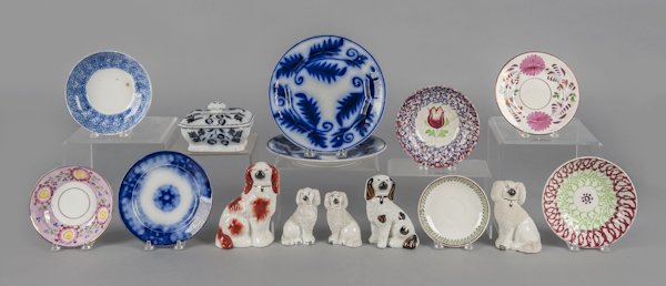 Collection of early porcelain, to include spatter: Collection of early porcelain, to include spatterware, flow blue, Staffordshire, etc.