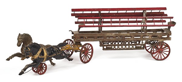 Cast iron horse drawn ladder truck, 26'' l.: Cast iron horse drawn ladder truck, 26'' l.