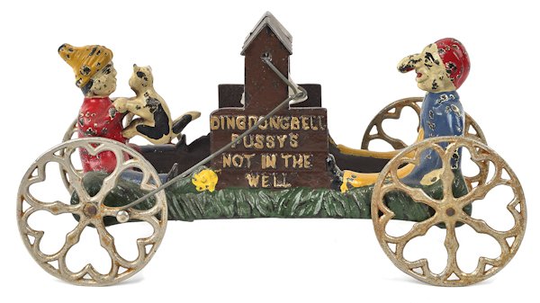 Cast iron Ding Dong Bell Pussy's Not in the Well: Cast iron Ding Dong Bell Pussy's Not in the Well bell toy manufactured by the Gong Bell Company, 9 1/4'' l.