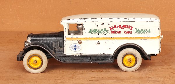 Arcade cast iron panel delivery van, inscribed H: Arcade cast iron panel delivery van, inscribed Hathaway's Bread Cake, 9 1/4'' l.