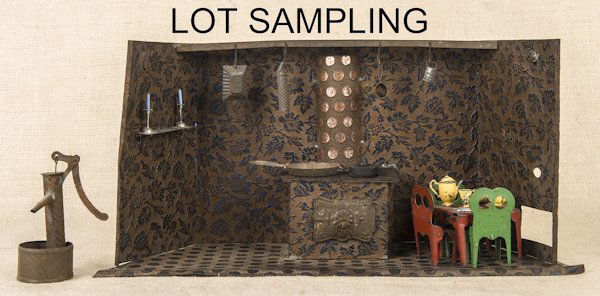 Pressed tin kitchen diorama, 9'' h., 18 1/2'' w.: Pressed tin kitchen diorama, 9'' h., 18 1/2'' w.