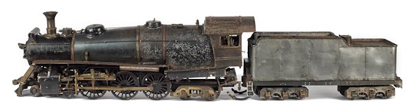 Massive cast iron and steel live steam train engi: Massive cast iron and steel live steam train engine and tender, engine - 43'' l., with a floor stand.