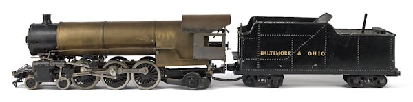 Machinist made brass and iron Baltimore & Ohio: Machinist made brass and iron Baltimore & Ohio live steam train engine and tender, engine - 26'' l.