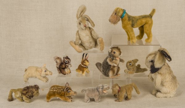 Twelve mohair plush animals, most probably Steiff: Twelve mohair plush animals, most probably Steiff, tallest -10''.