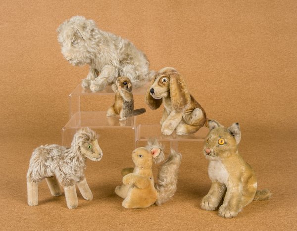 Six mohair plush animals, tallest - 6 1/2''.: Six mohair plush animals, tallest - 6 1/2''.
