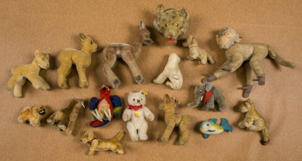 Sixteen mohair plush animals, most Steiff, longes: Sixteen mohair plush animals, most Steiff, longest - 12''.